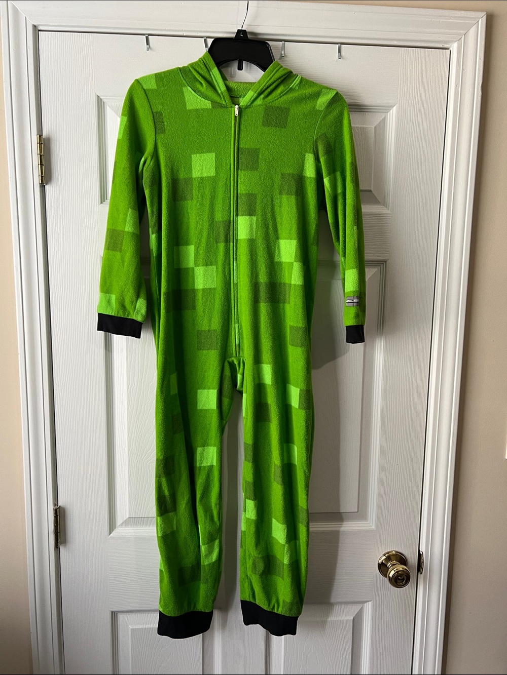 Green Pixel-Pattern Kids One-Piece Footie with Hood